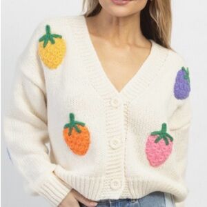 Dreamers By Debut Cropped Oversiz Crochet Strawberry V Neck Cardigan Sweater M/L